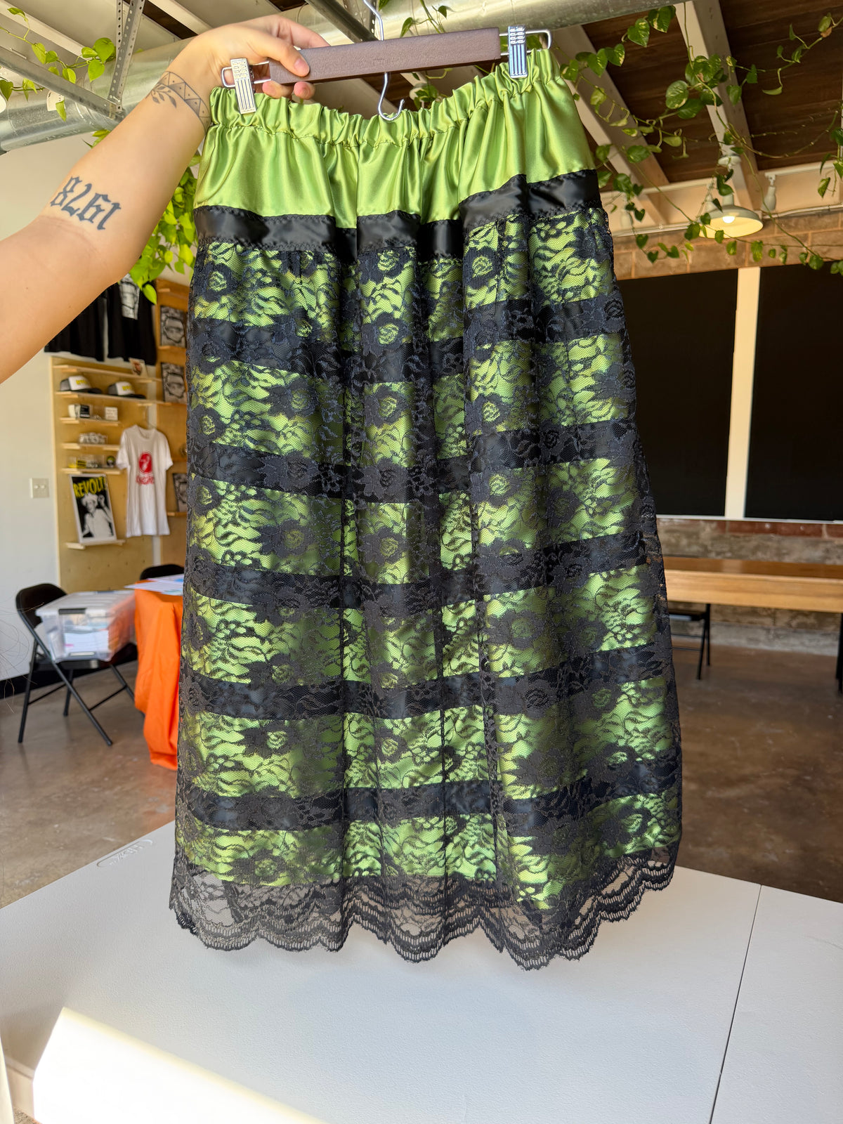 Green Satin Lace Ribbon Skirt